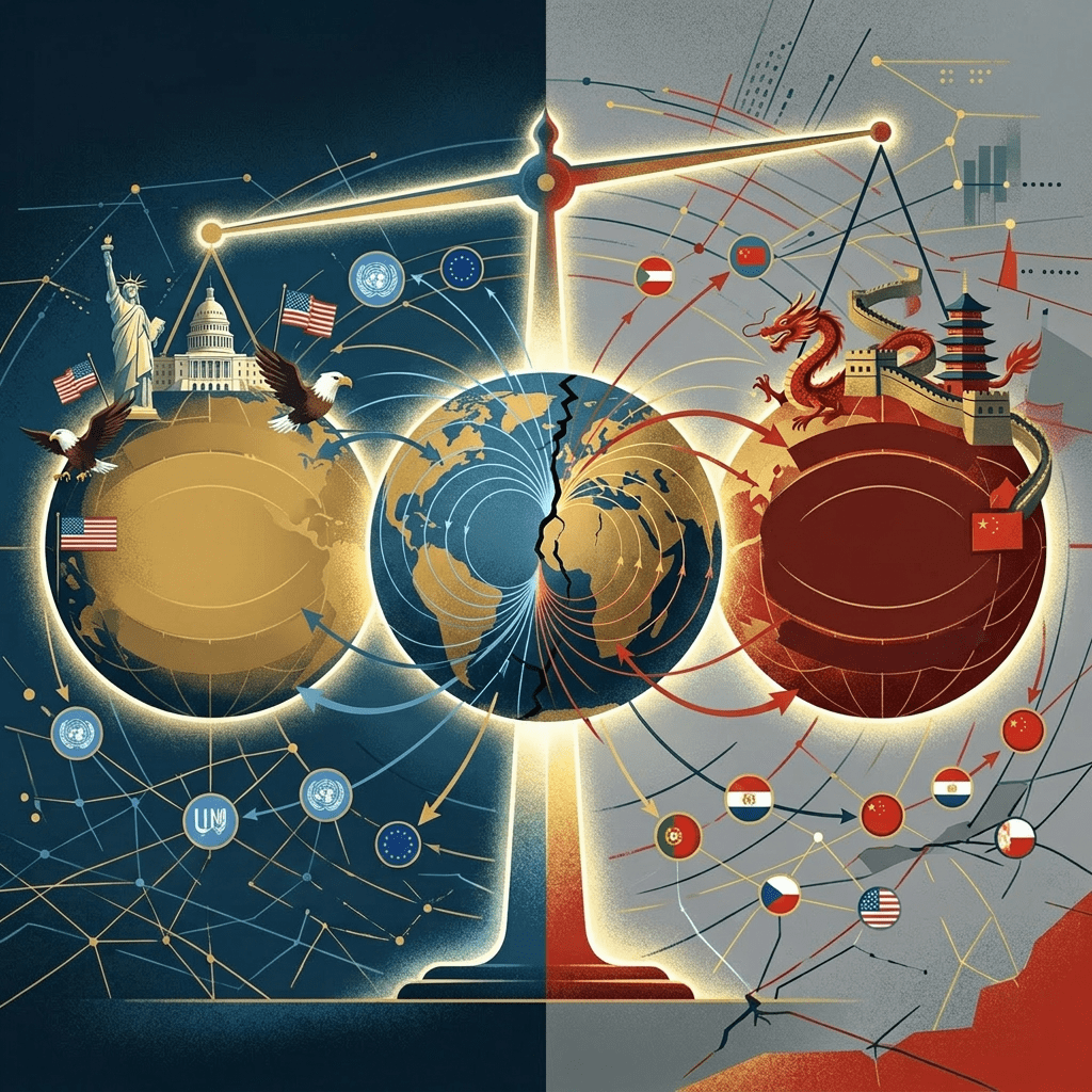 A balance scale with USA on one side and China on the other illustrating global influence rivalry